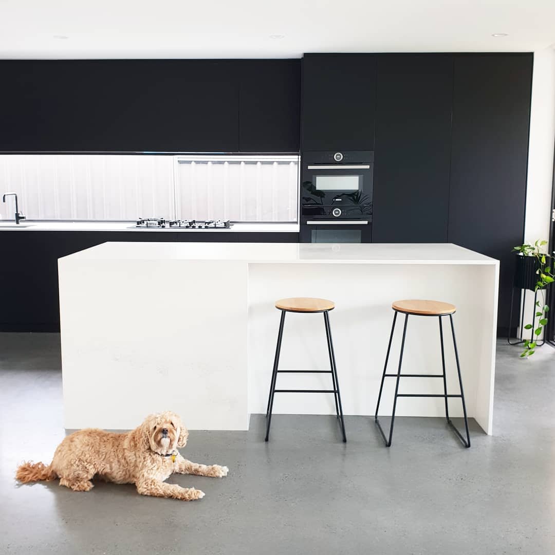 Monochrome kitchen with polished concrete floor