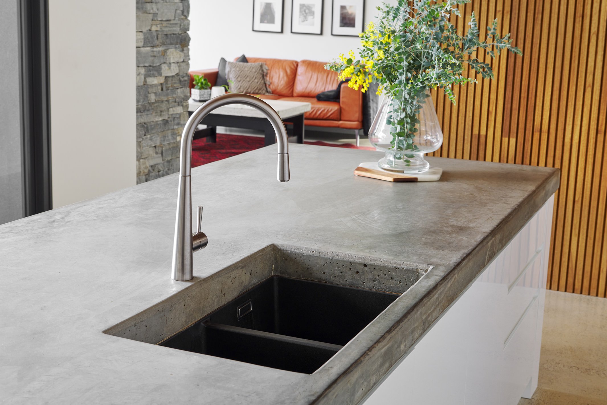 Modern concrete benchtop with black sink