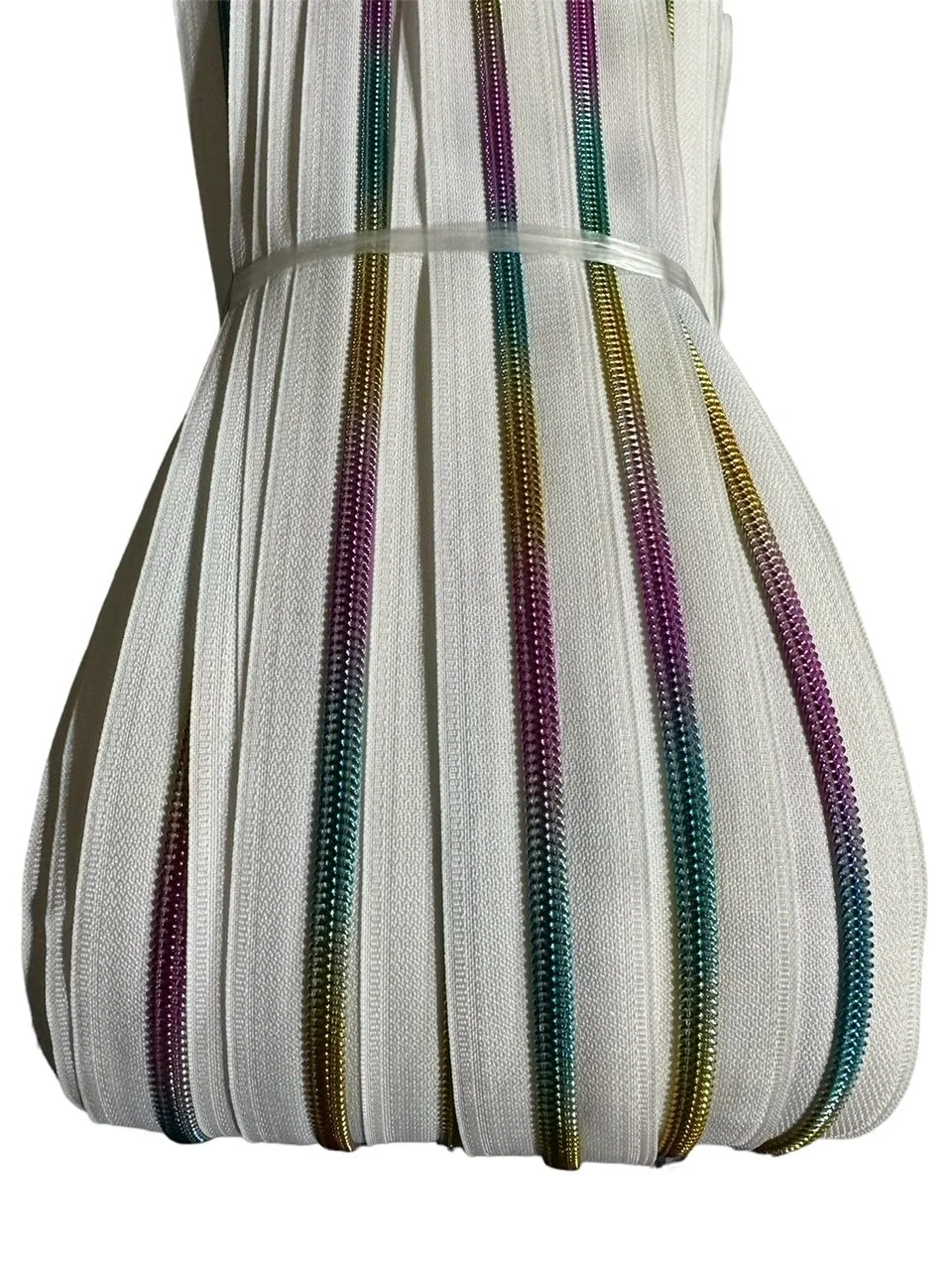 Bright Rainbow on White Zipper Tape - #5 Nylon Coil Teeth