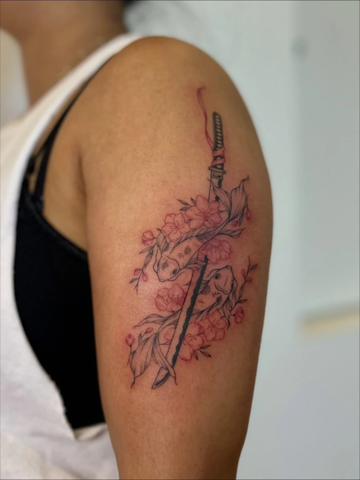 SCAR COVERUP

katana, koi fish &amp; cherry blossoms!
(before picture is on the last slide.) 

thanks for coming in for this maryanne.