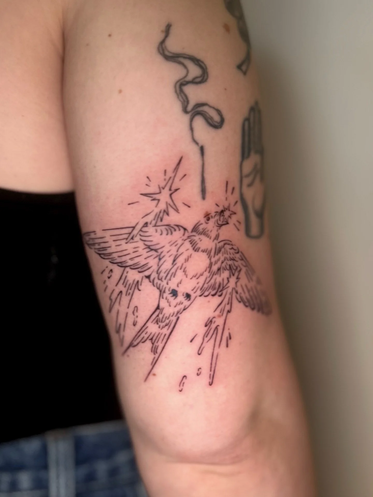 a star catching sparrow &amp; flow work.

added onto this patchwork sleeve, again! 

&bull; bouquet &mdash; about four years healed 
&bull; moon &mdash; two years &amp; a half years healed 
&bull; previous flow work &mdash; two years &amp; a half yea