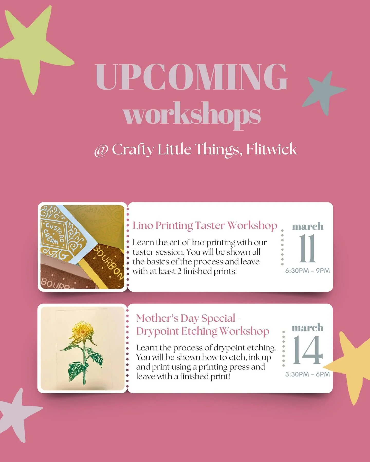 UPCOMING WORKSHOPS @craftylittlethings_flitwick 

Join us in March for a creative workshop! 

Have you been wanting to try something new? Our first workshop will explore the beautiful process of Lino printing! We will also be running a Mother&rsquo;s