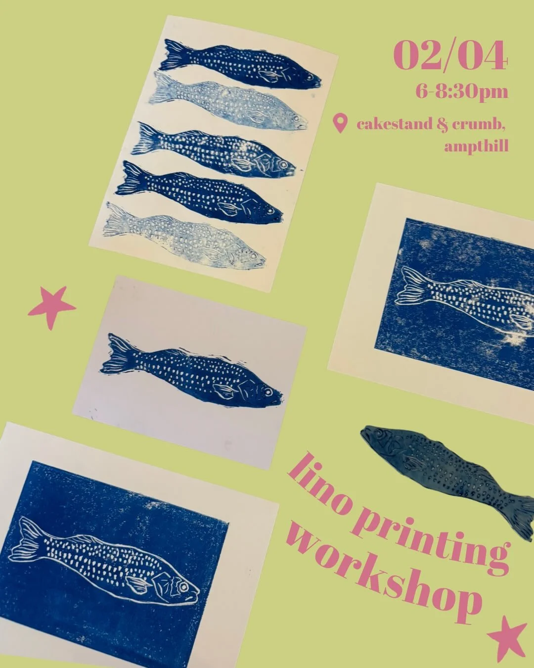 NEW LINOCUT TASTER DATE ADDED!⭐️

Join us at the lovely @cakestandandcrumb on 2nd of April for a fun evening of lino printing! You will be guided every step of the way to create a special print to take home. 

Open to all abilities, just come along a