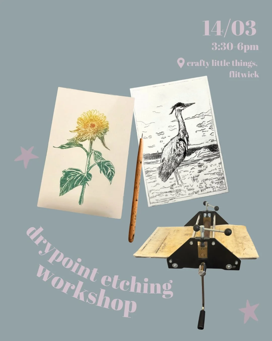 Only 3 more spaces left on ours Mother&rsquo;s Day Drypoint etching workshop at @craftylittlethings_flitwick !💐

Book now via the link in bio💕