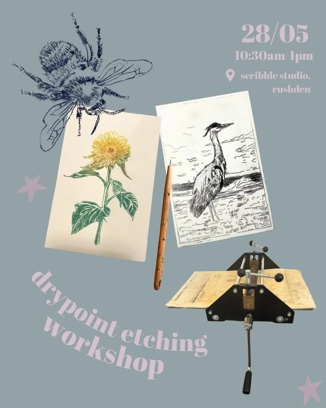 Our first workshop at @scribble_studio_rushden ! 

In this workshop, we will be exploring the art of Drypoint etching where you&rsquo;ll get to etch your design into plastic and print through a press! (This is also a good taster before an upcoming co