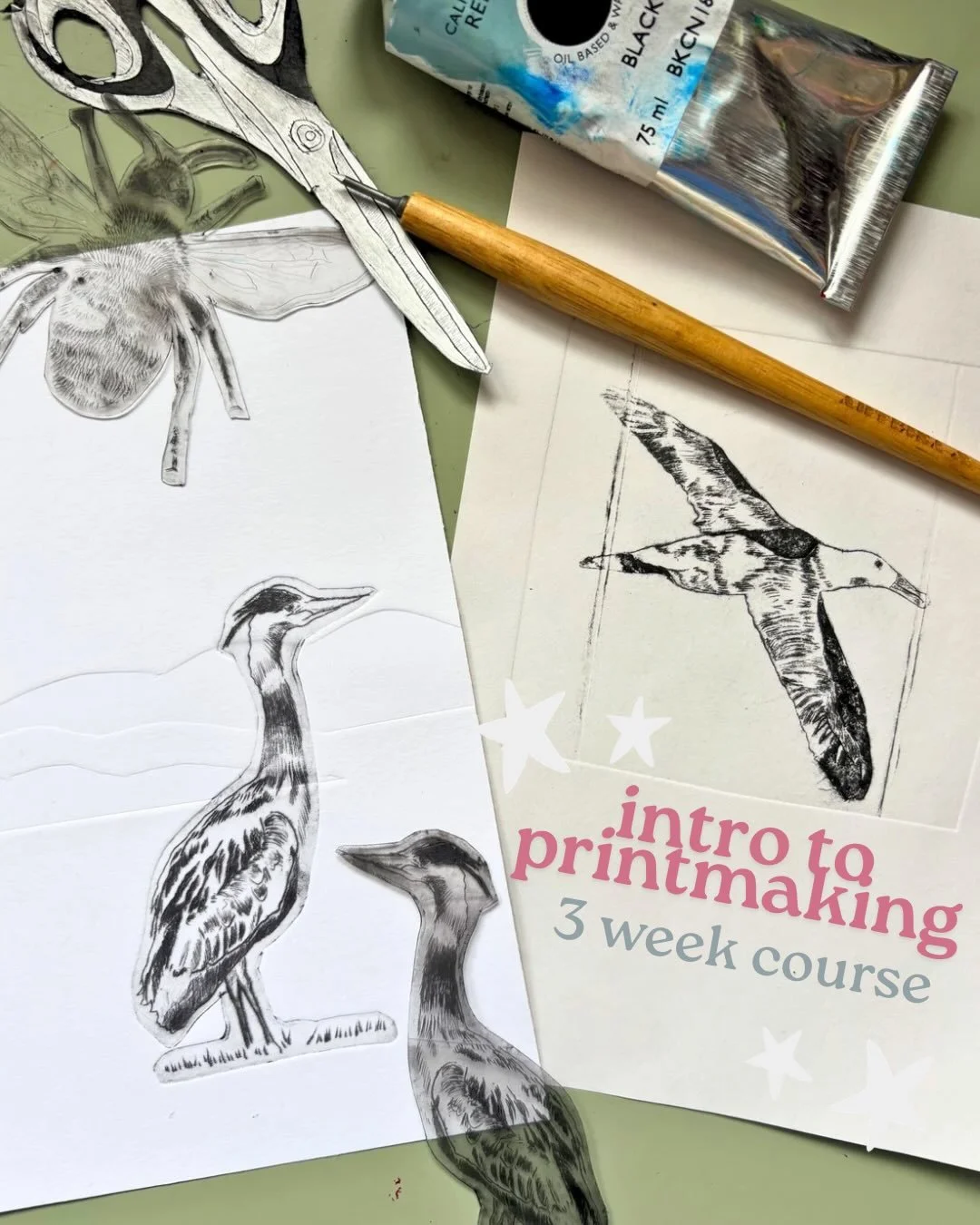 We&rsquo;re launching our first mini course!! 

This 3 week course will give you a chance to get stuck into printmaking! Designed for beginners, you will learn the basics of Drypoint, embossing and monoprinting. As you progress through the course, yo