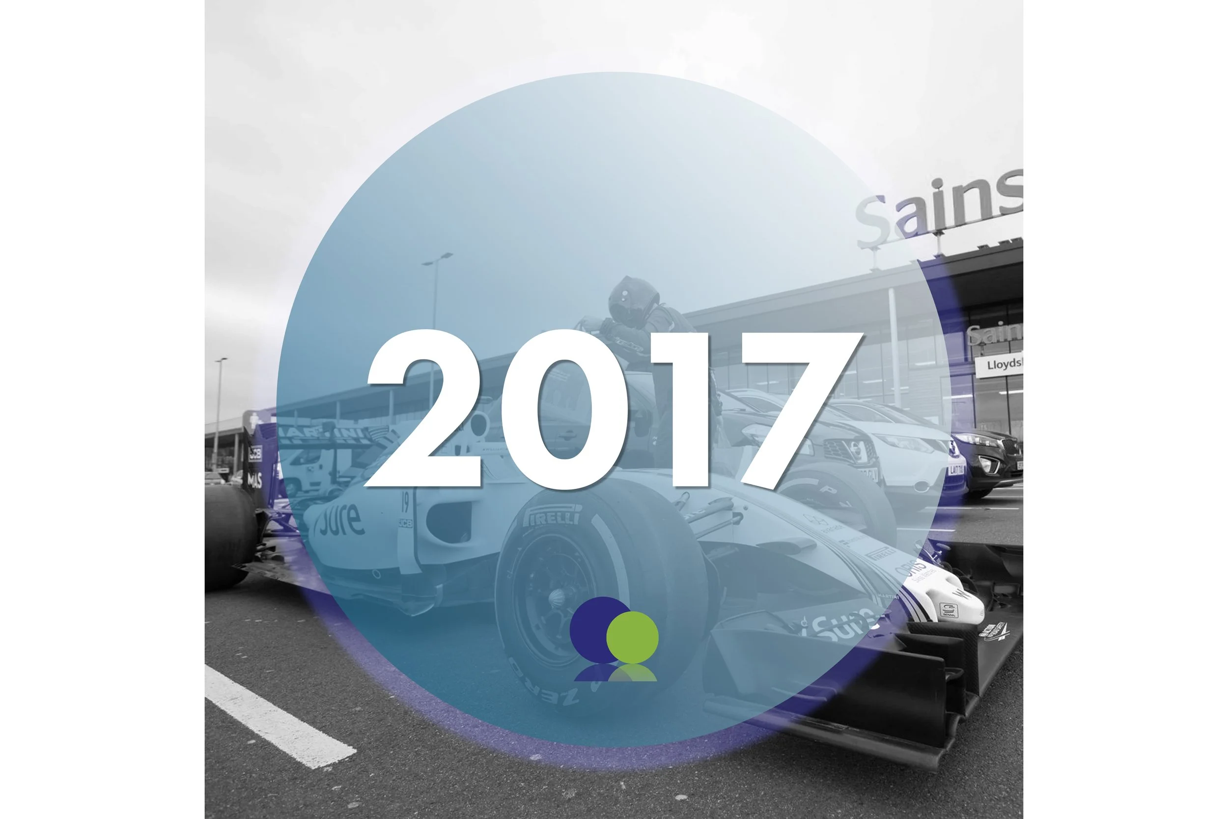 Une voiture de course et une personne en tenue de course sur un parking à l'extérieur d'un magasin Sainsbury's par une journée nuageuse, avec un grand cercle bleu et l'année 2017 en surimpression sur l'image.
