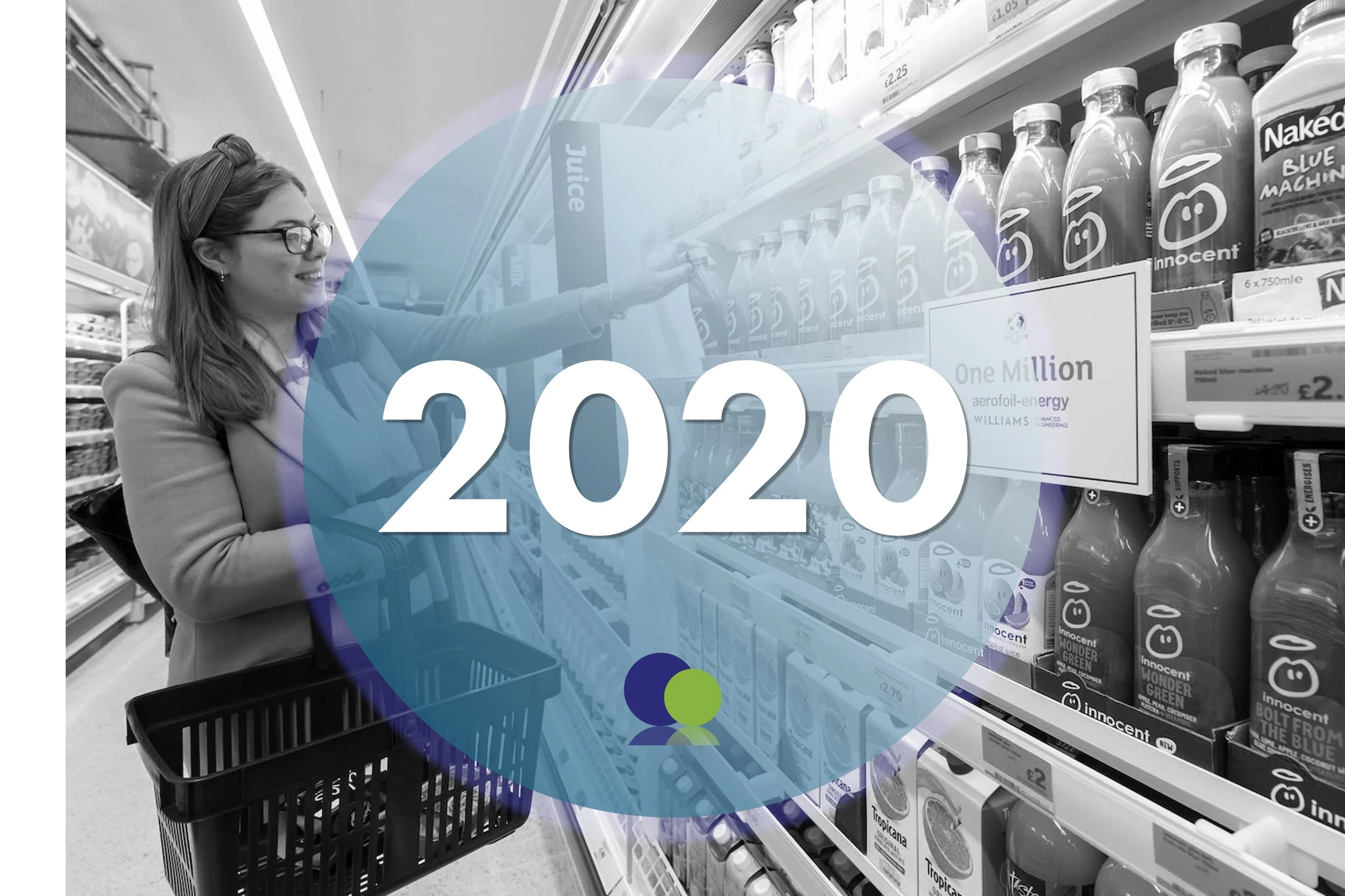 Une femme fait ses courses dans un rayon d'épicerie, en attrapant une bouteille de jus de fruit. L'image est recouverte d'une couche transparente bleue avec l'année "2020" écrite en grands chiffres blancs et des points colorés en dessous.