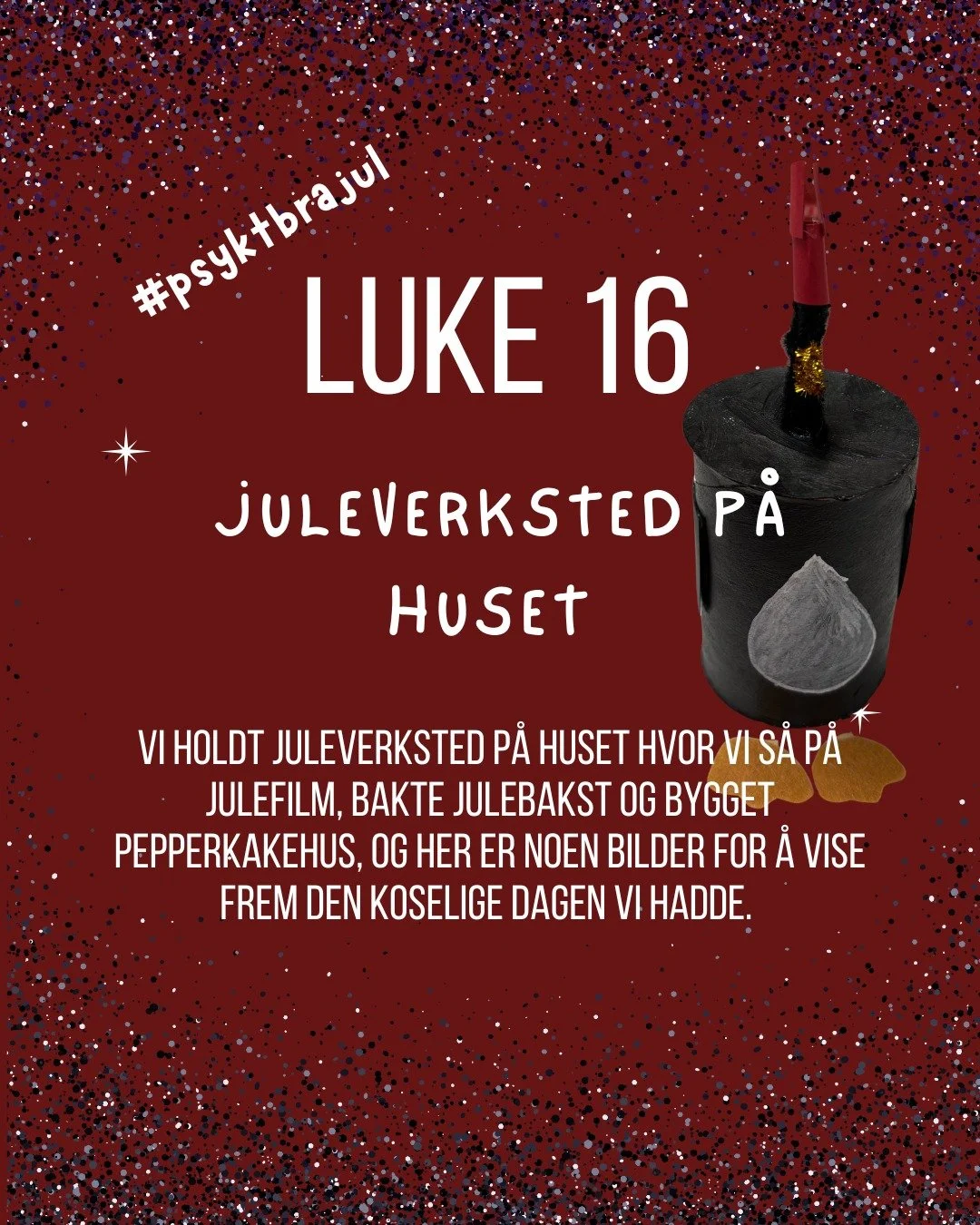 P&aring; Luciadagen 13. Desember var det juleverksted her p&aring; huset, arrangert av UNG-gruppa v&aring;r og selveste julenissen kom innom p&aring; et raskt bes&oslash;k!

Det ble lussekatter, julegr&oslash;t med mandler, pepperkakehus, dorullnisse