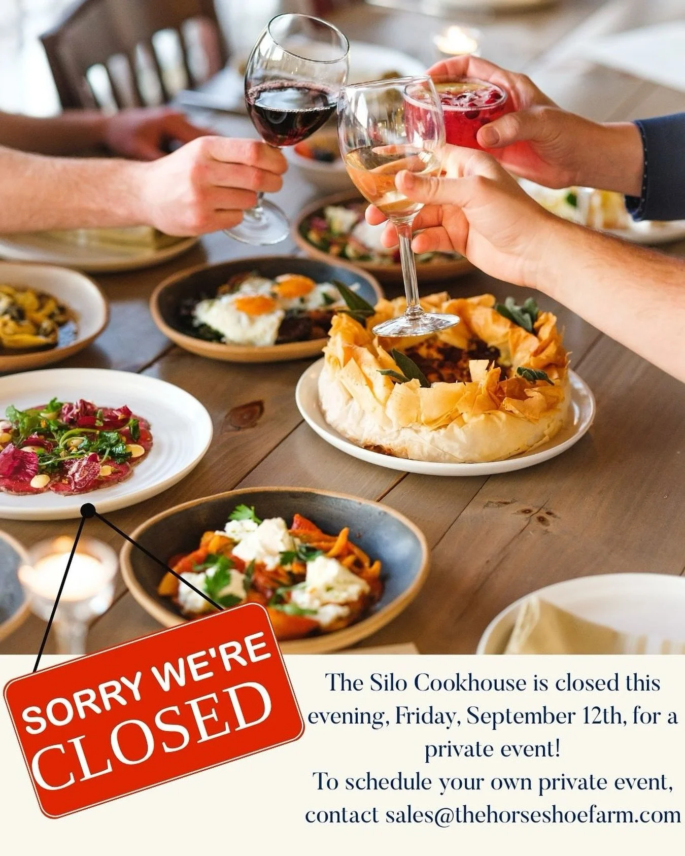 ✨The Silo Cookhouse will be closed for dinner tonight for a private event! Want to host your own? Reach out to us at sales@thehorseshoefarm.com to book your special gathering! Regular hours resume tomorrow and we can&rsquo;t wait to welcome you back!