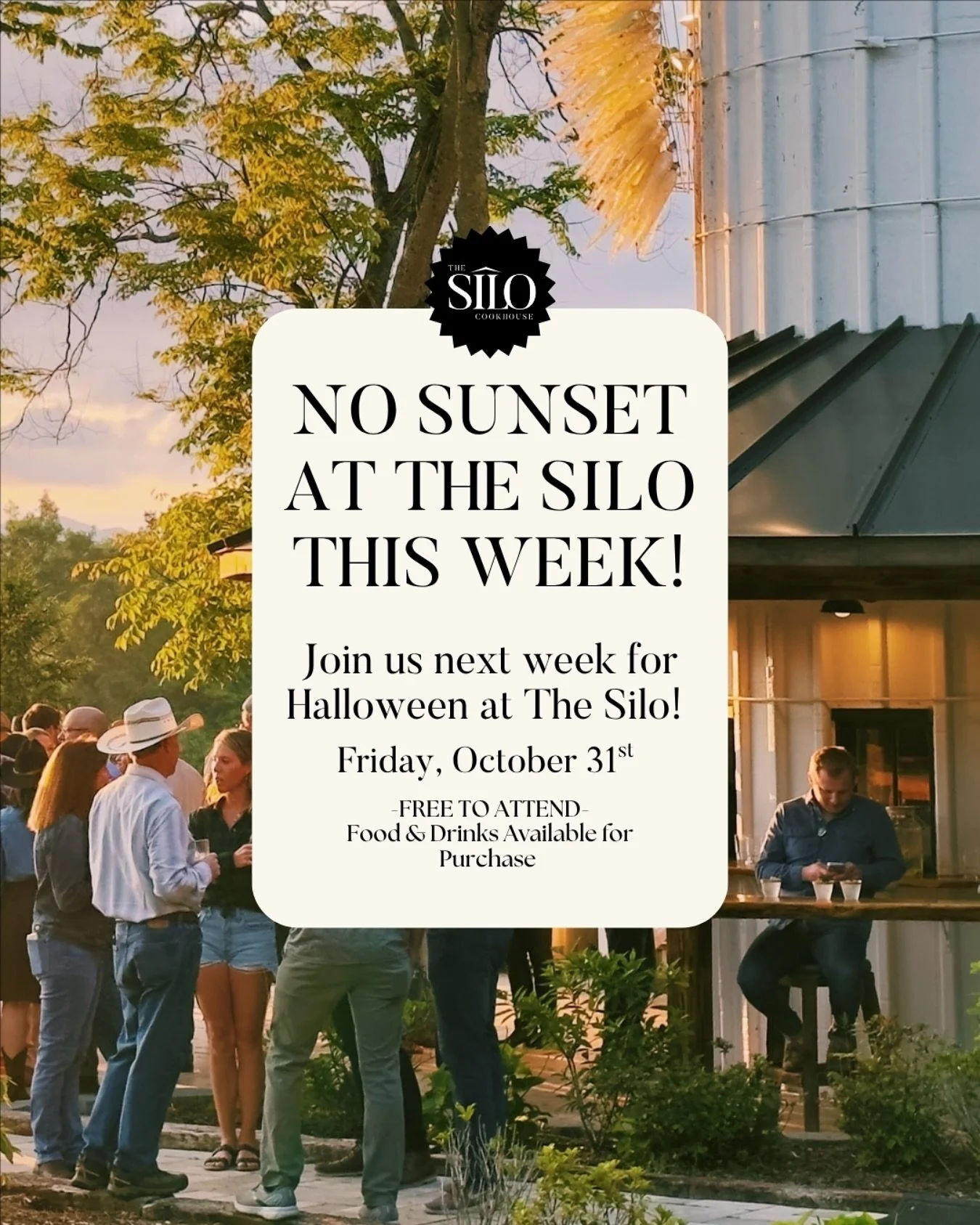 📣 Heads up, friends!
There will be no Sunset at The Silo this Friday as we are hosting several private events on the property.
✨ Join us next week for our final Sunset at The Silo of the season &mdash; Halloween at The Silo!
🎃 Friday, October 31st 