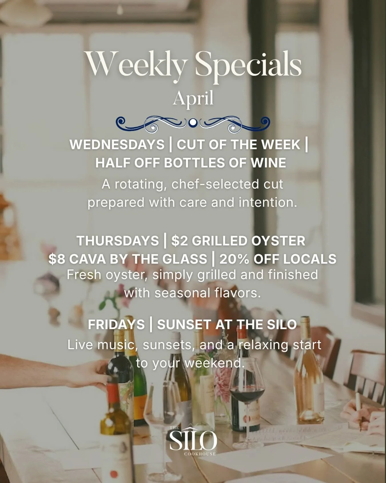 A rhythm to return to, week after week 

Wednesdays bring a rotating cut, selected and prepared with care. Thursdays are for oysters, cava, and a little indulgence. Fridays, we gather for sunsets, live music, and an easy start to the weekend.

April 