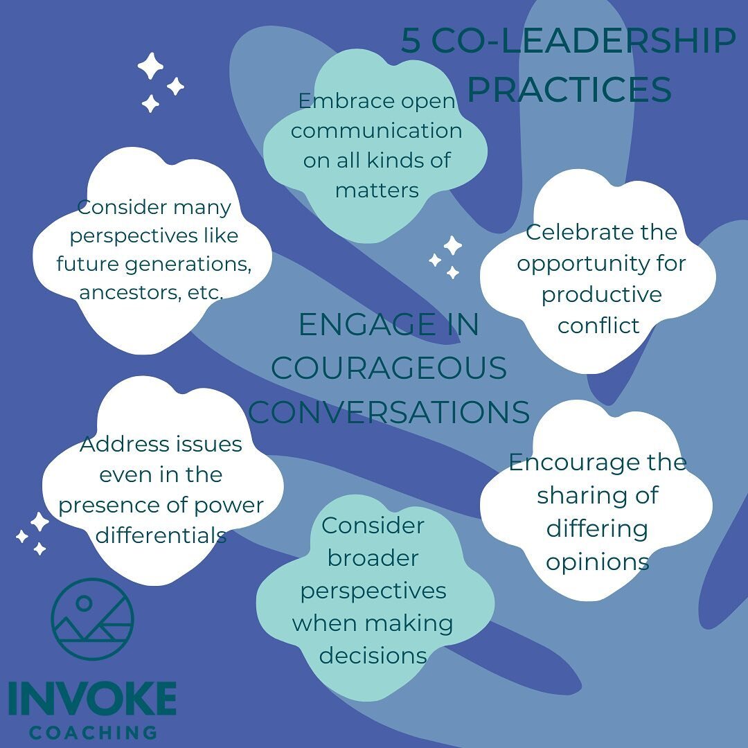 These 5 core practices are attitudes and attributes to develop as leaders leaning into co-leadership. Learn more on the blog at InvokeCoaching.com.