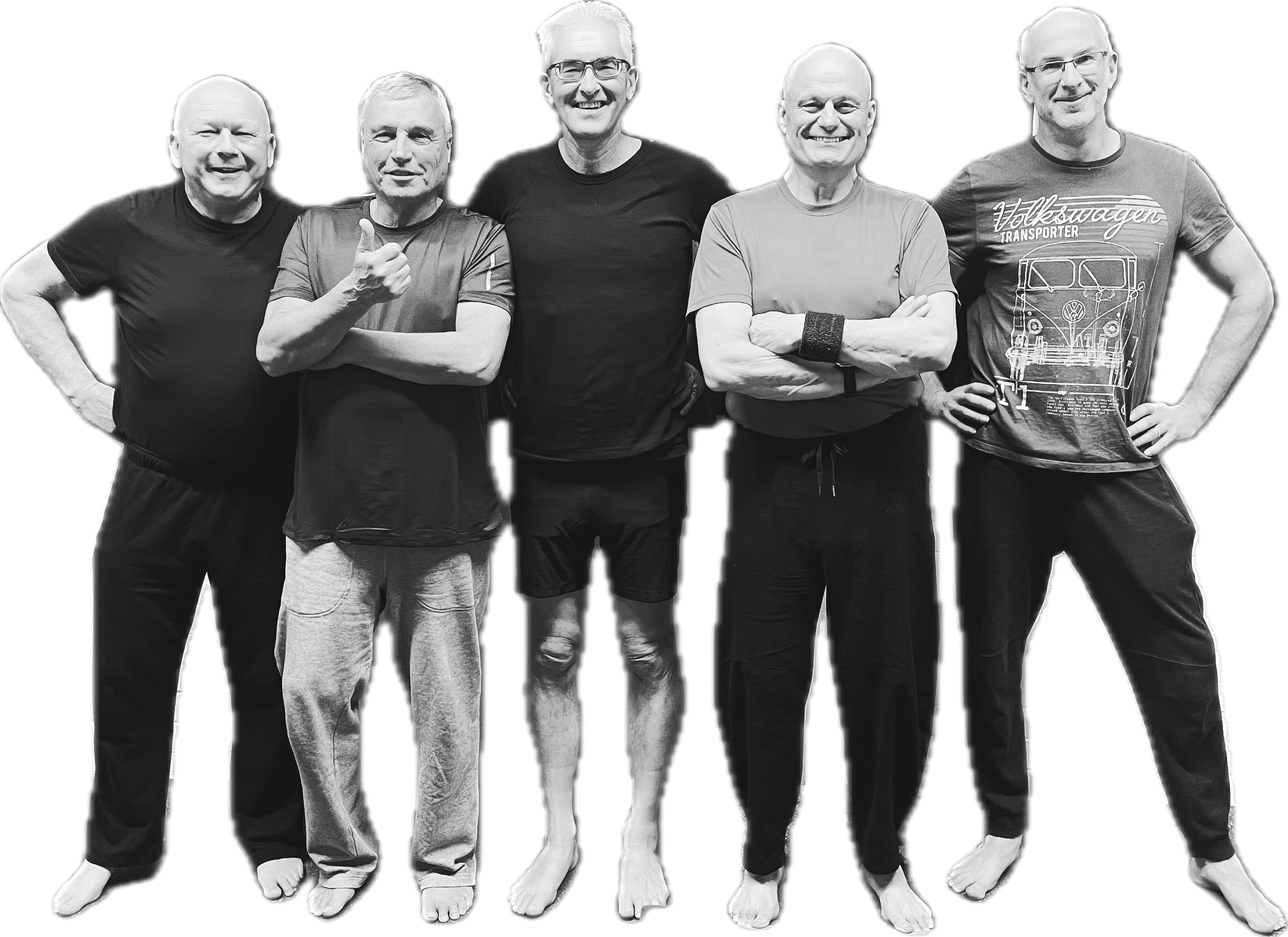 Five men standing together in a row, all smiling, wearing casual athletic clothing, some with arms crossed or hands on hips, against a plain background.