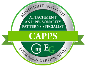 Certificate badge for the Mindsight Institute, indicating attachment and personality patterns specialist, with the acronym CAPPS and evergreen certification logo.