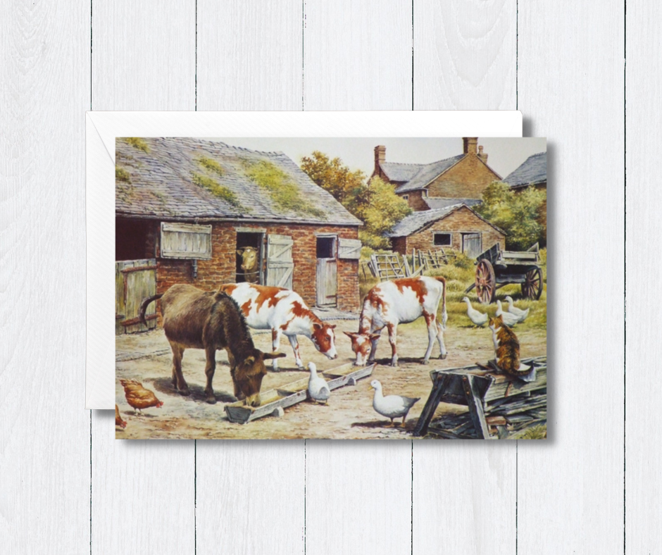 Farming greeting card of 2 young cows with a donkey feeding in a farmyard. Size 20 by 14 cm, blank inside for your message