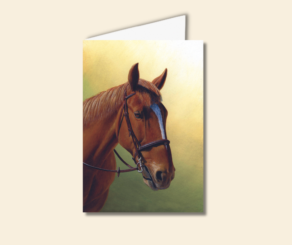 Greeting card of a chestnut horses head and bridle.Size 20 x 14 cm blank inside