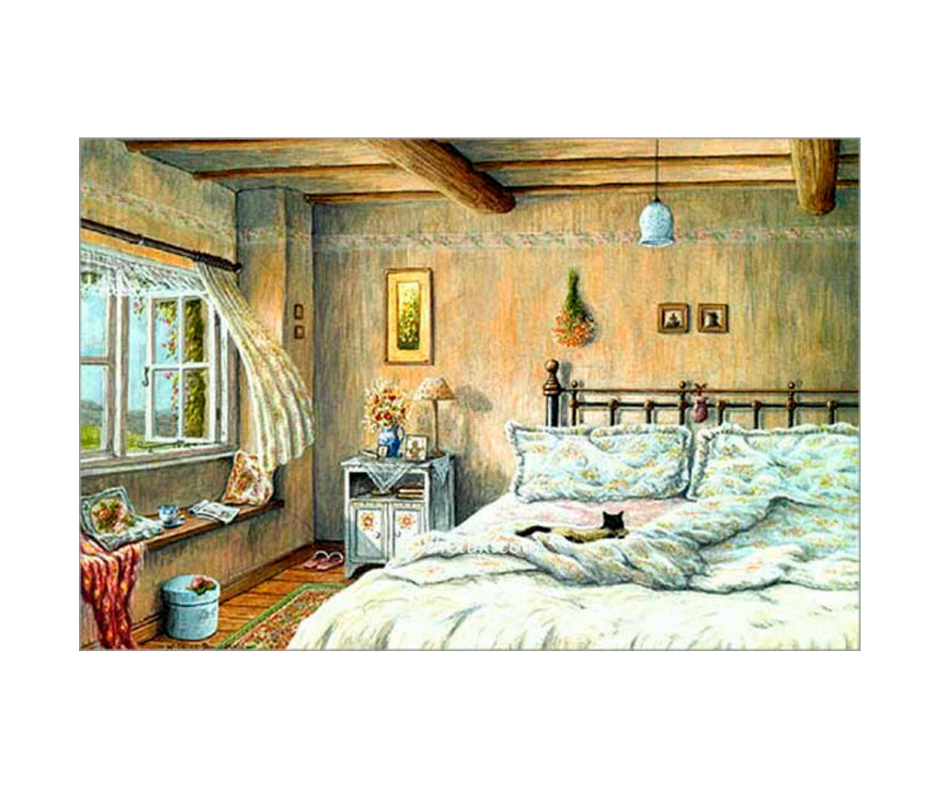 Picture of a cottage bedroom, limited edition print size 242 x 148 (mm)