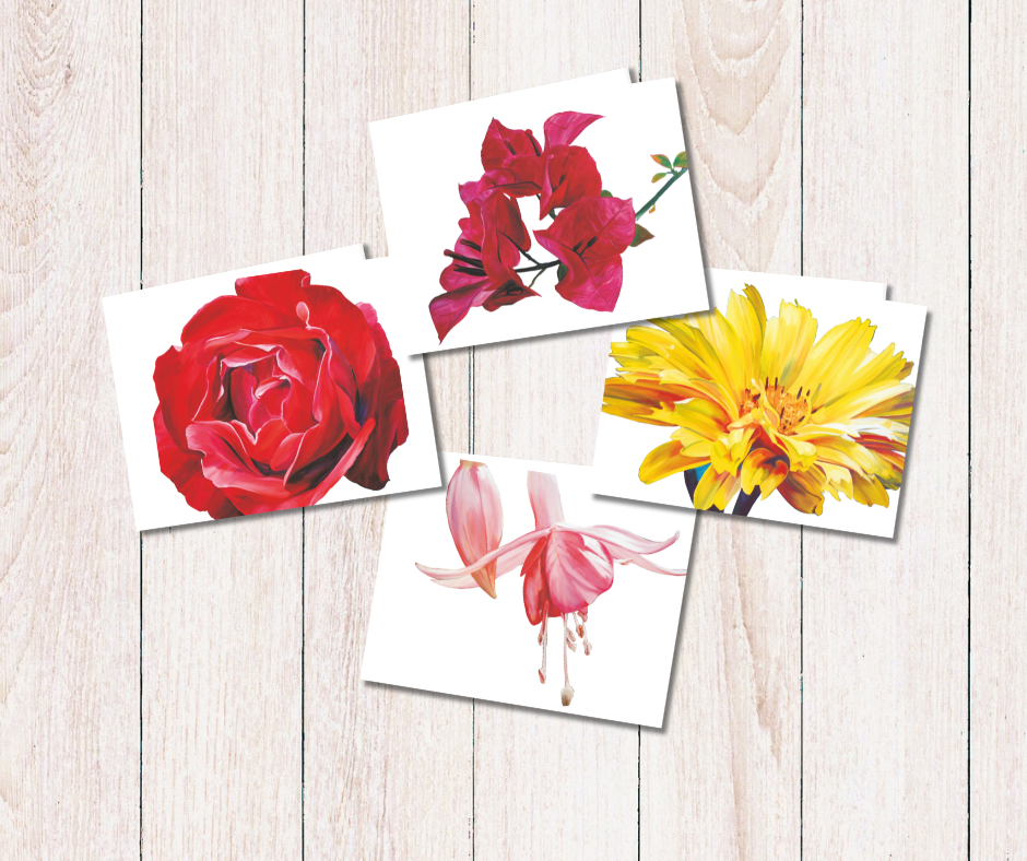 A selection of four small floral art cards. Size 11.8 x 9.0 cms, blank inside with envelope