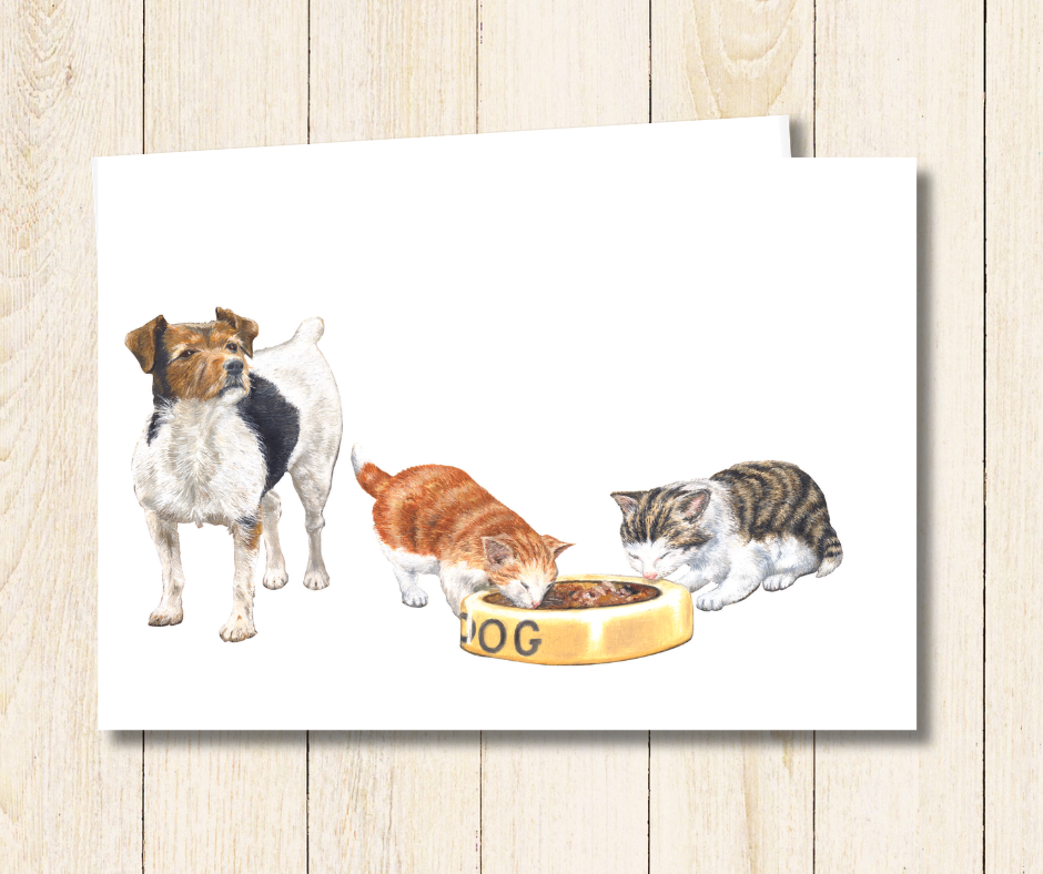 Small art card of a colourful jack russell dog and two kittens on a white background. Size 11.8 x 9.0 cms, blank inside with envelope