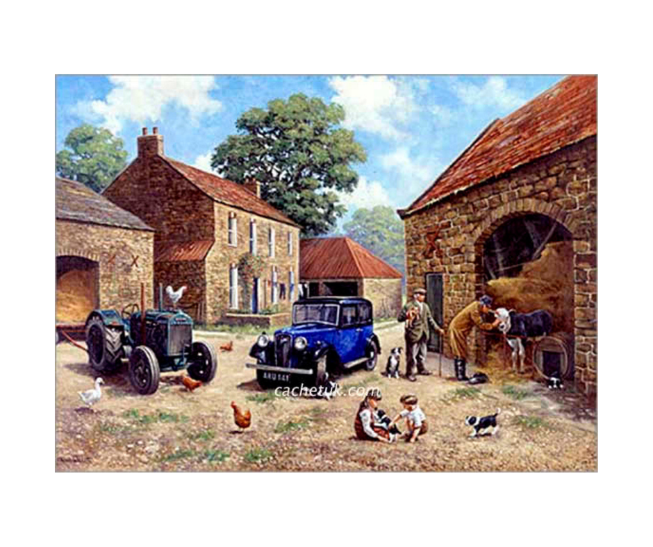 Print of a 1939 Austin 10/4 & 1930 Fordson farm tractor in a traditional farmyard of that era. Limited edition print of 650 size 377 x 257 (mm)
