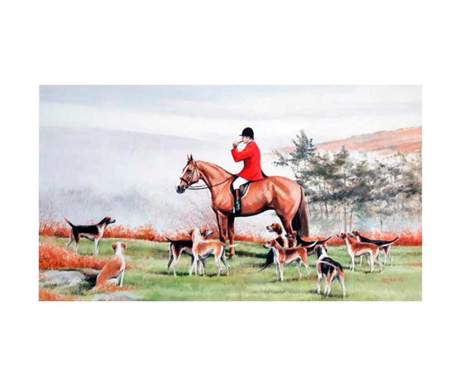 Fox hunting print with hunstman and fox hounds. Limited edition print size 350 x 200 (mm)