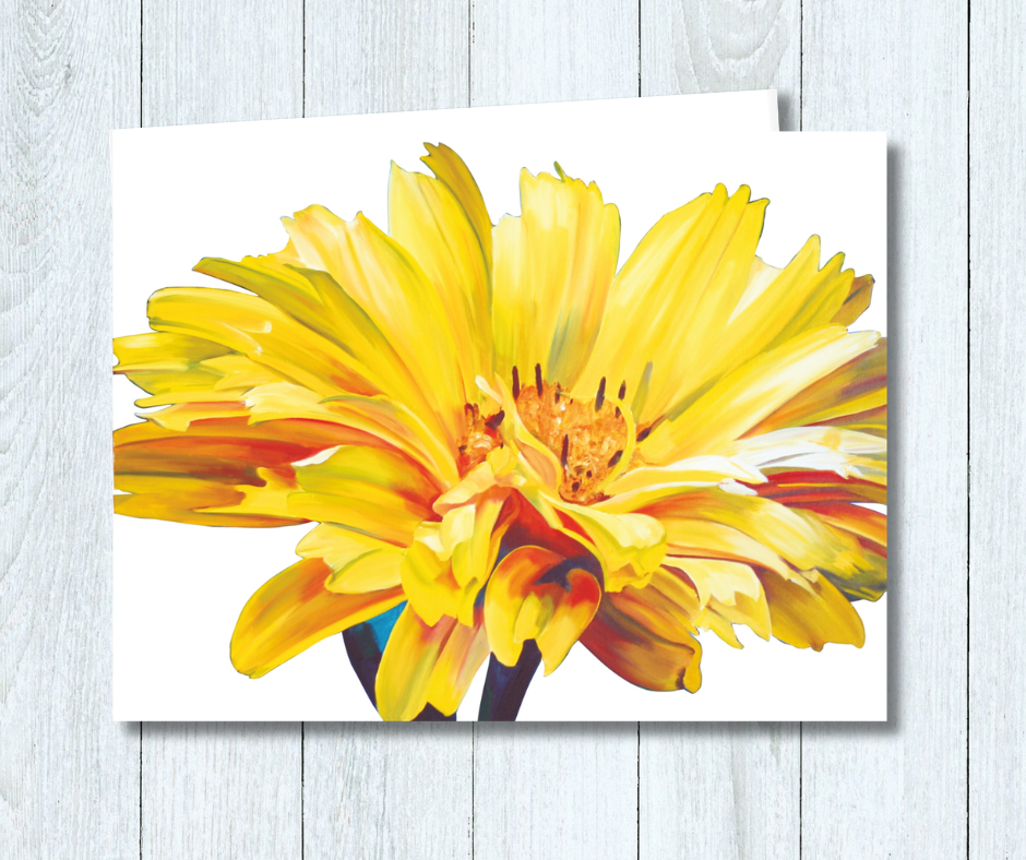 Small art card of a radiant yellow flower on a white background. Size 11.8 x 9.0 cms, blank inside with envelope