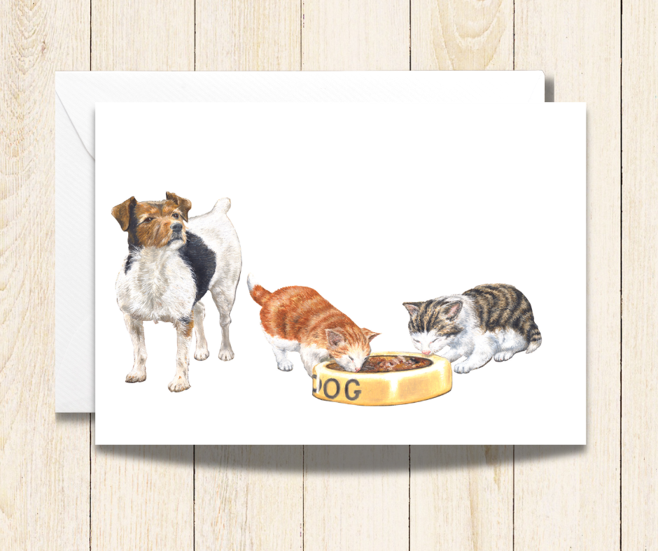Petite Note Card of a Jack Russel Dog & Two Kittens