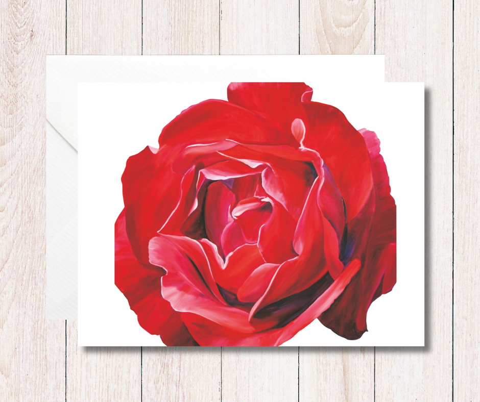 Small art card of a vibrant red blush flower on a white background. Size 11.8 x 9.0 cms, blank inside with envelope