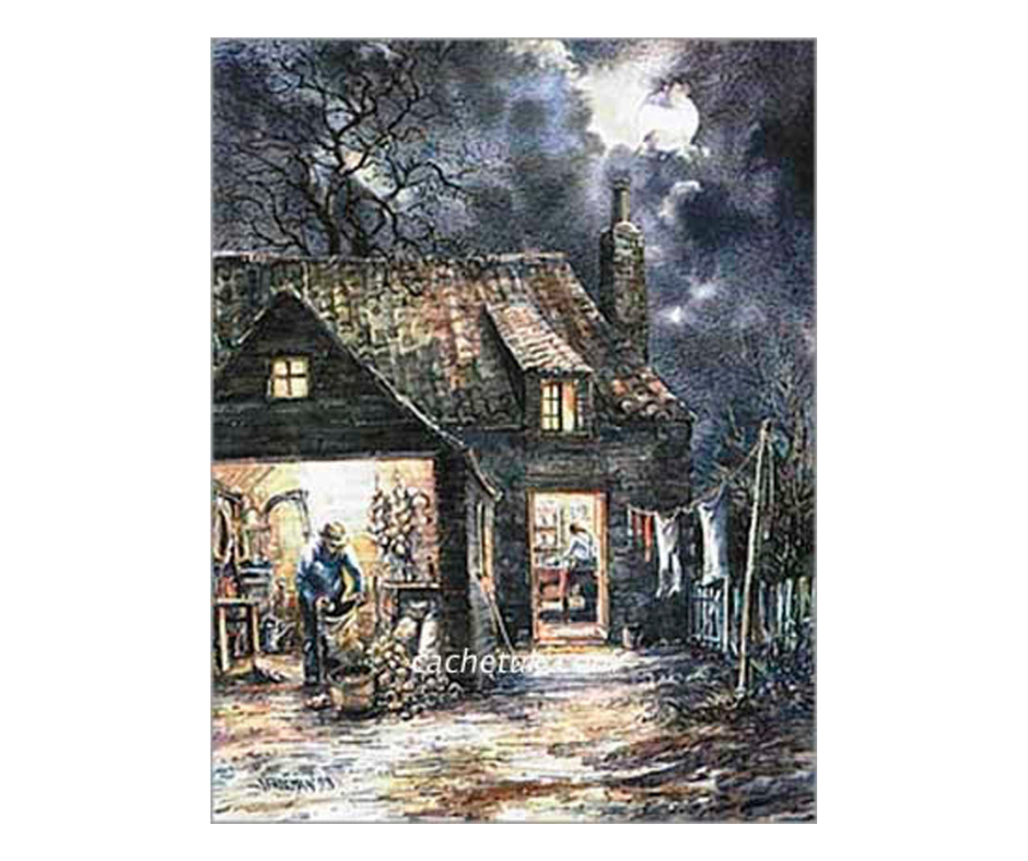 Picture of bagging potatoes at night, open edition print size 148 x 195 (mm)
