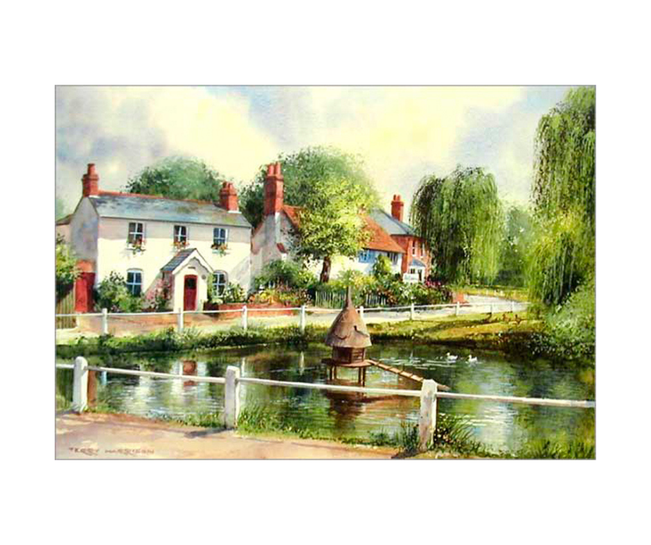A village art print of the duck pond at Hartley Wintney, Hampshire, England. Open edition print size 407 x 202 (mm)