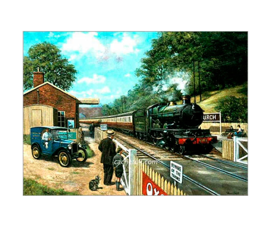 Art print of a blue Austin 7 van & a green Great Western Castle Class steam train. Limited edition print size 275 x 171 (mm)