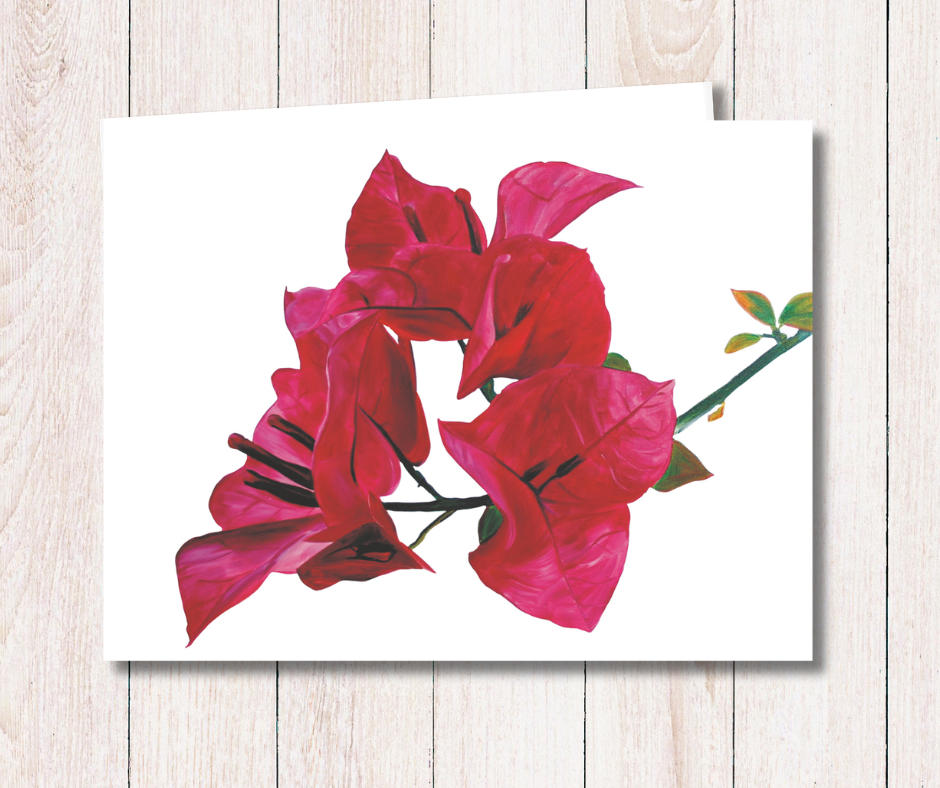 Small art card of a vibrant pink Bougainvillea flower on a white background. Size 11.8 x 9.0 cms, blank inside with envelope