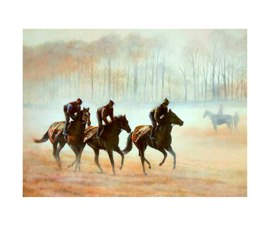 Picture of three racehorses in training, limited edition print size 460 x 350 (mm)