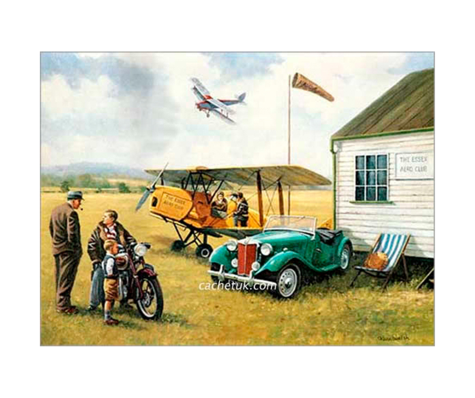 Art print of a yellow Tiger Moth biplane and a 1950's green MG TD sports car. Limited edition print size 508 x 380 (mm)