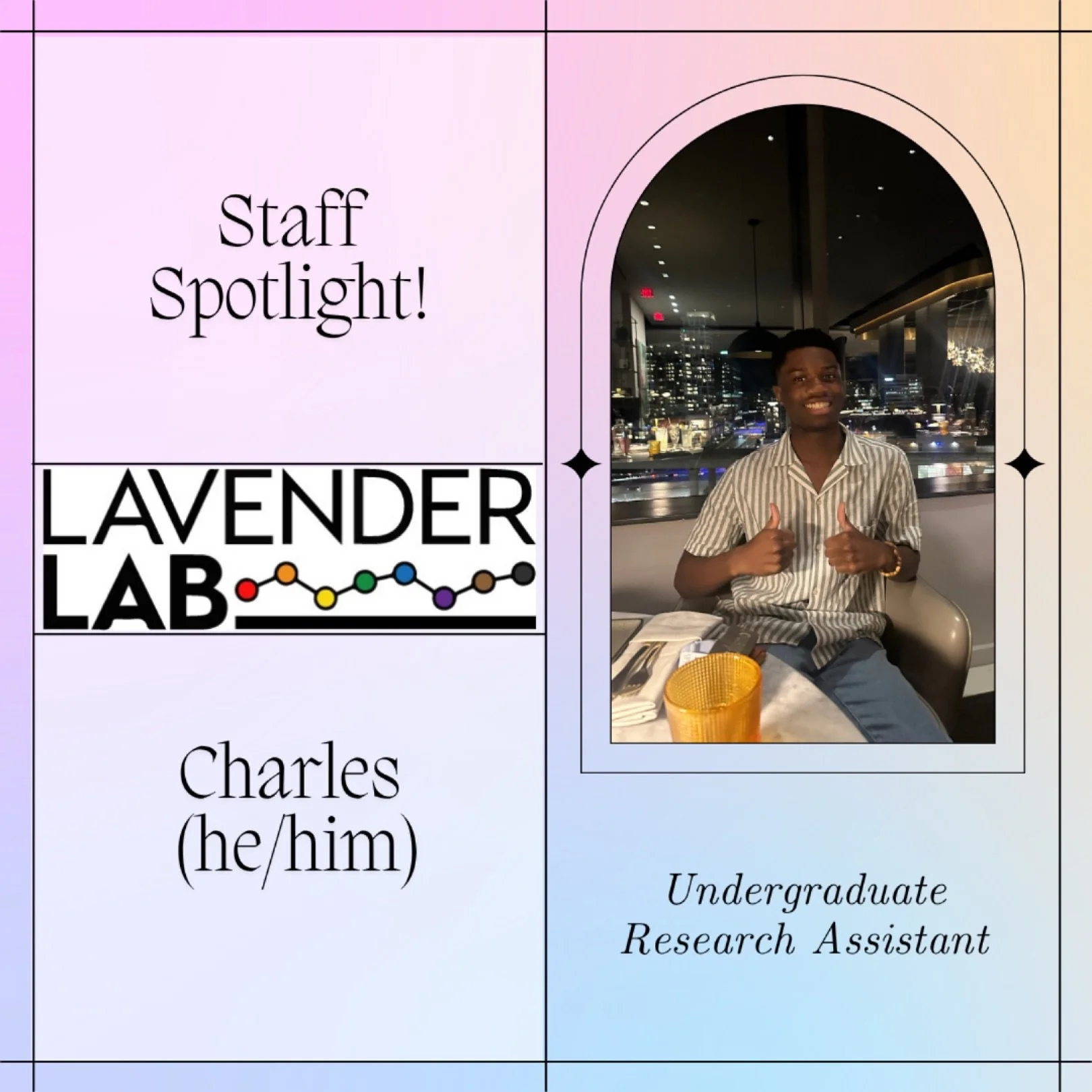 π Meet our new Undergraduate RA, Charles!
Charles is a junior studying Public Health Science and Psychology. He is interested in mental health within minority populations. More specifically, he is interested in the effects of addiction and its como