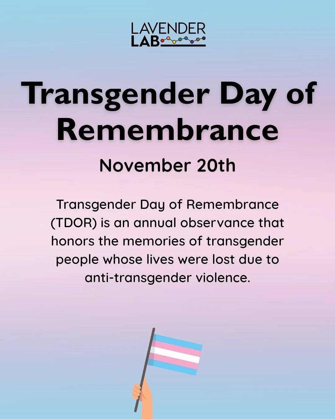 Today is Transgender Day of Remembrance, a day to remember the lives of transgender individuals lost to anti-trans violence. To honor Transgender Day of Remembrance, take time to reflect, grieve, and learn about the ongoing impacts of transphobia. We