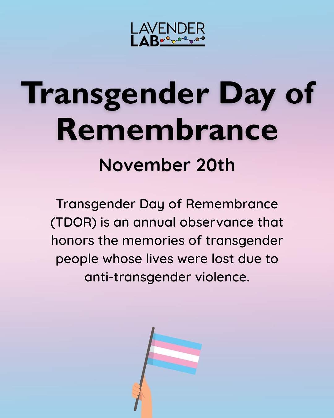 Today is Transgender Day of Remembrance, a day to remember the lives of transgender individuals lost to anti-trans violence. To honor Transgender Day of Remembrance, take time to reflect, grieve, and learn about the ongoing impacts of transphobia. We