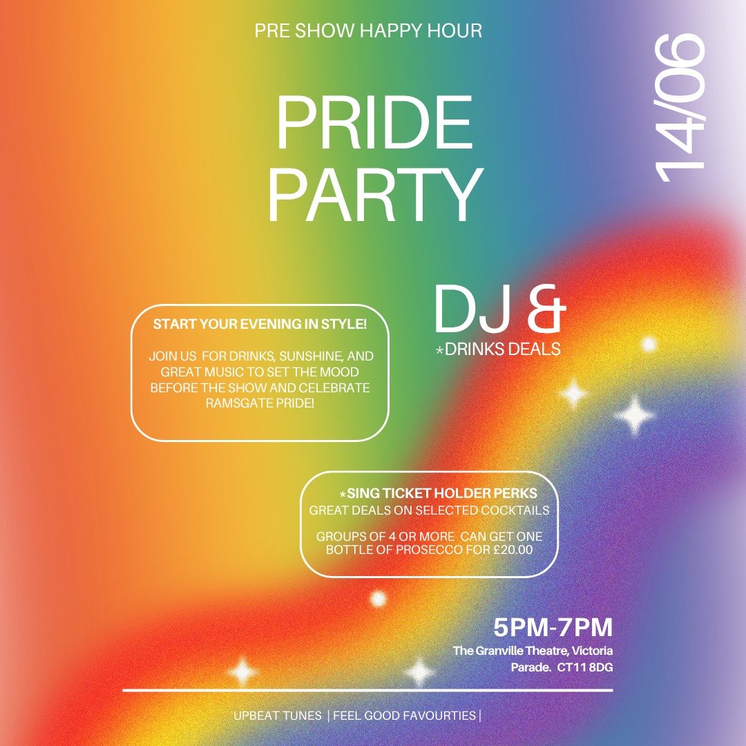 🏳️&zwj;🌈 DON'T FORGET 🏳️&zwj;🌈

We are having our Pride Party celebrations THIS Saturday before 'Sing the Musicals' take to the stage!

We will be having a live DJ, drinks deals and lots of dancing to celebrate Ramsgate pride in style 💃🌈

Let u