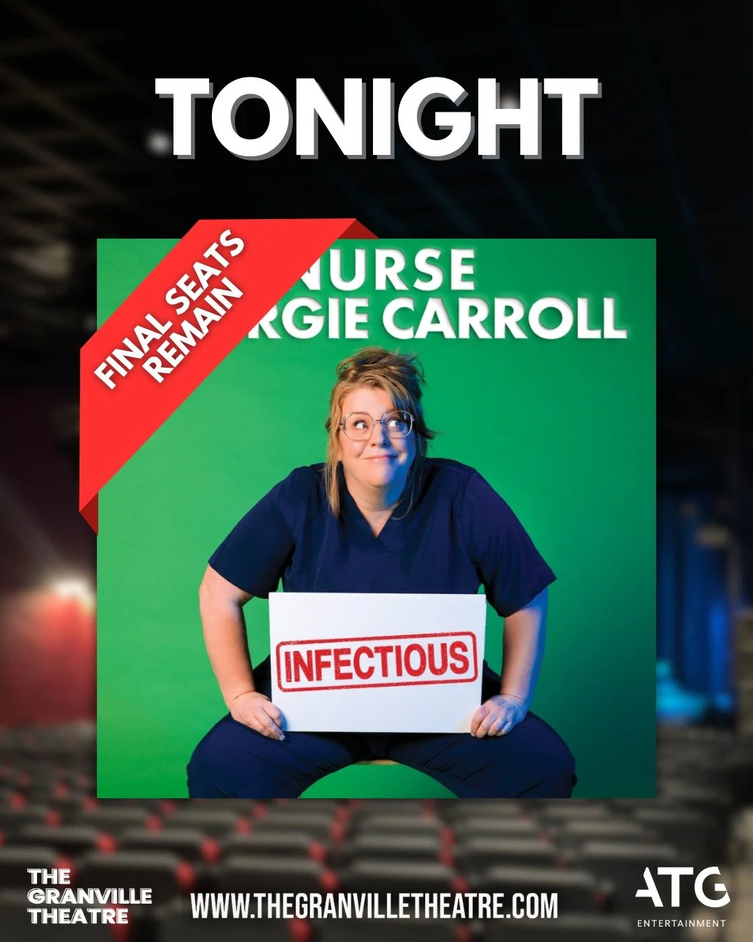 💊 TONIGHT 💊

Get ready for a dose of laughter as Nurse Georgie Carroll: Infectious takes the stage! 🩺

Fresh from sell-out tours and TV appearances, Georgie brings her sharp wit, cheeky humour, and real-life nursing stories for one night only in R