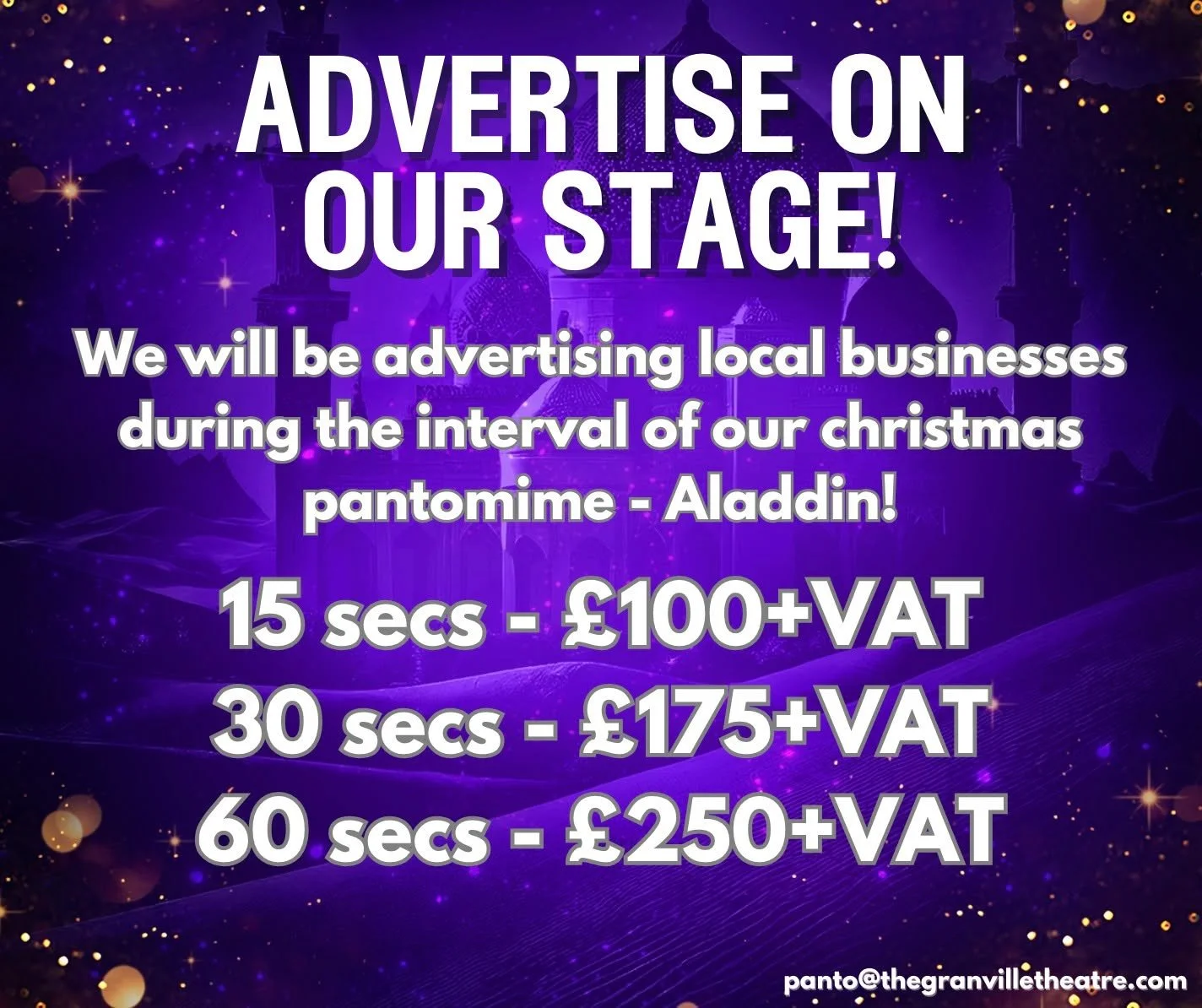 🎄 Looking for an opportunity to showcase your business to a captivated local audience this holiday season? 🎄

The Granville Theatre is offering video advertising slots on our main auditorium projector during the interval of our Christmas Pantomime 