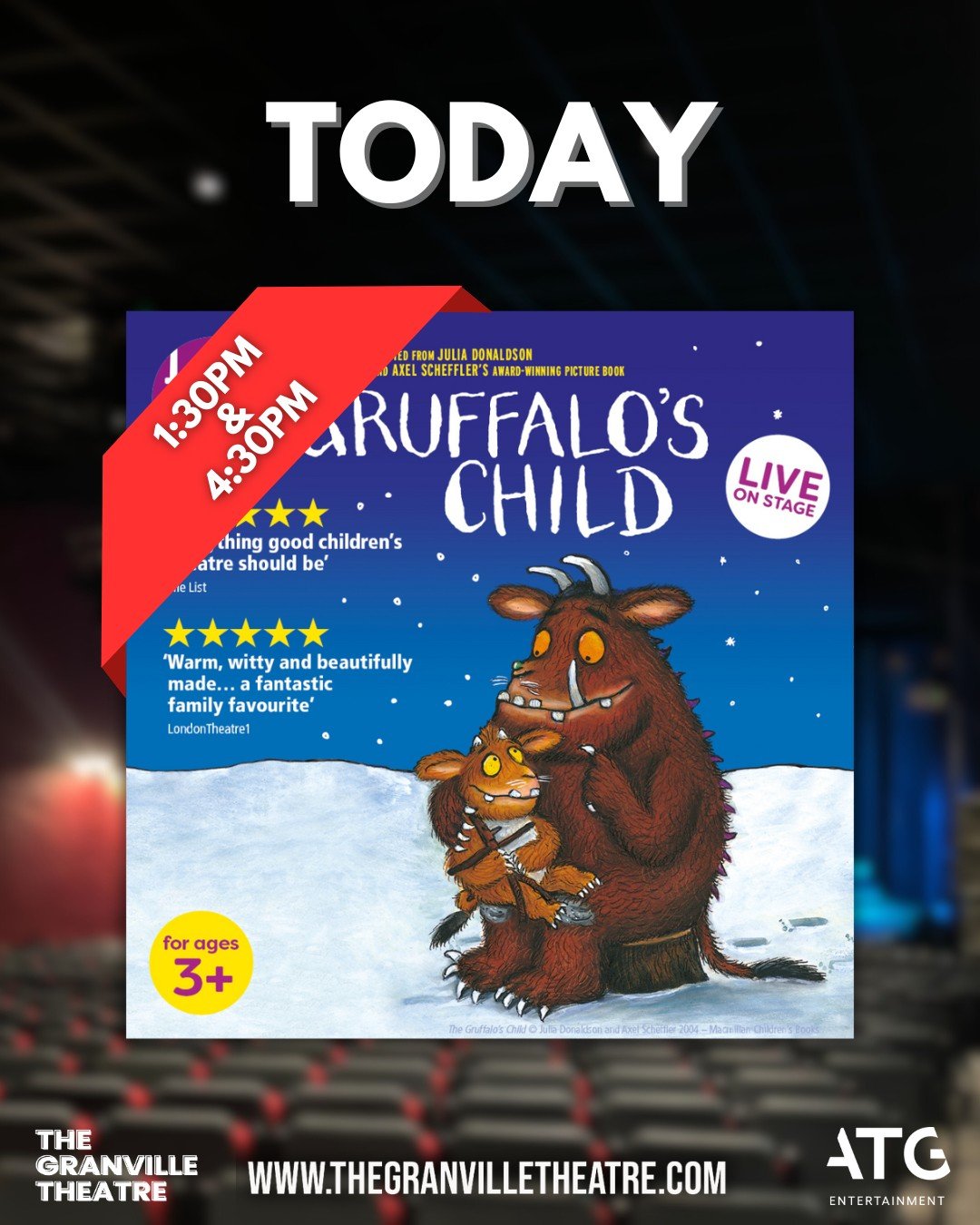 📖 Today AND tomorrow! 📖

We cannot wait to welcome 4 shows of 'The Gruffalo's Child' to The Granville Theatre!
 
Let your imagination run wild with songs, laughs and scary fun for everyone aged 3 to 103 ✨

🎭 The Gruffalo's Child
📅 11th - 12th Nov