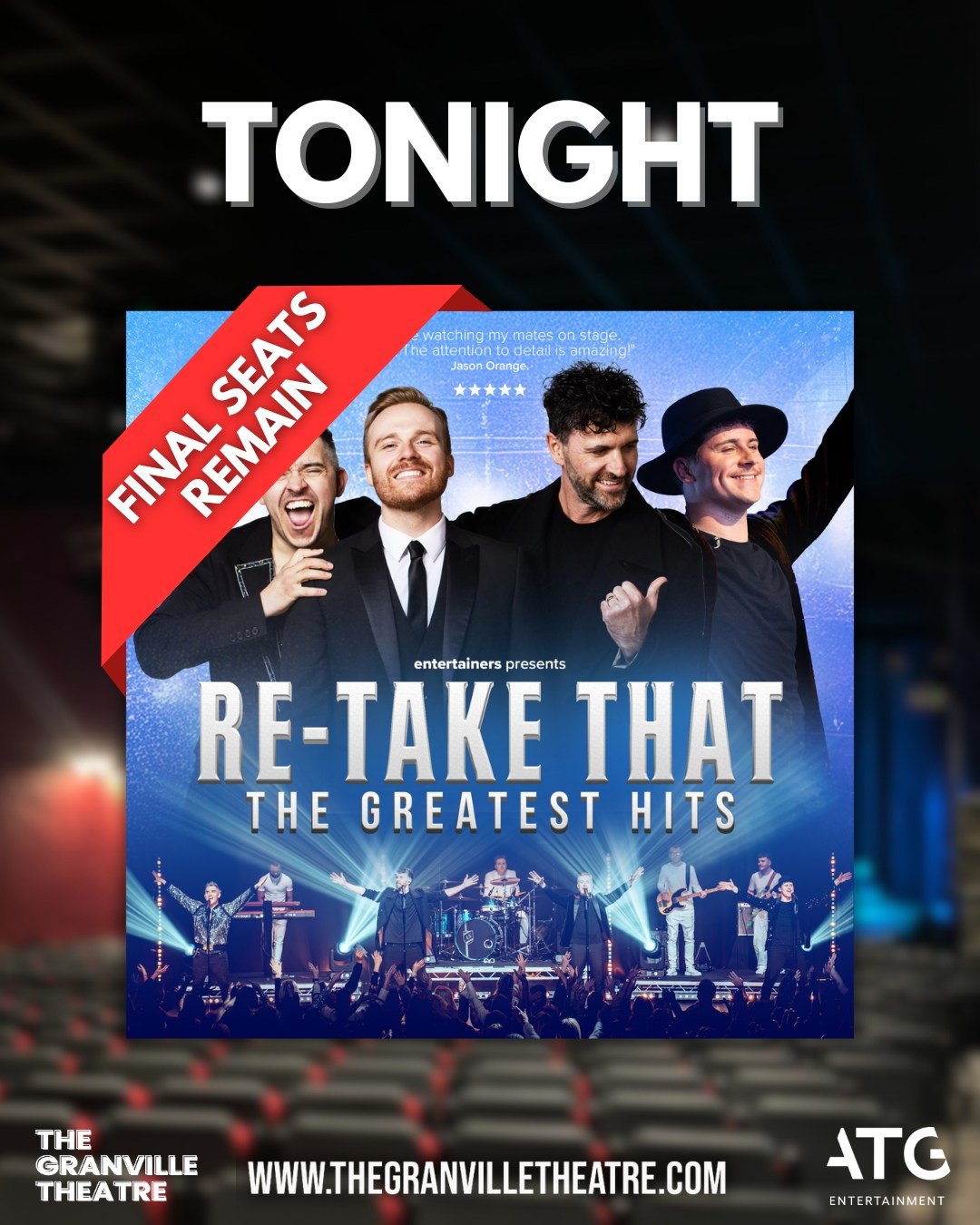 ✨ TONIGHT at The Granville Theatre! ✨
Get ready to relive all the biggest hits because Re-Take That are taking over the stage! 🎤🔥

From Rule the World to Never Forget, it&rsquo;s the ultimate Take That experience &mdash; and we&rsquo;re down to LIM