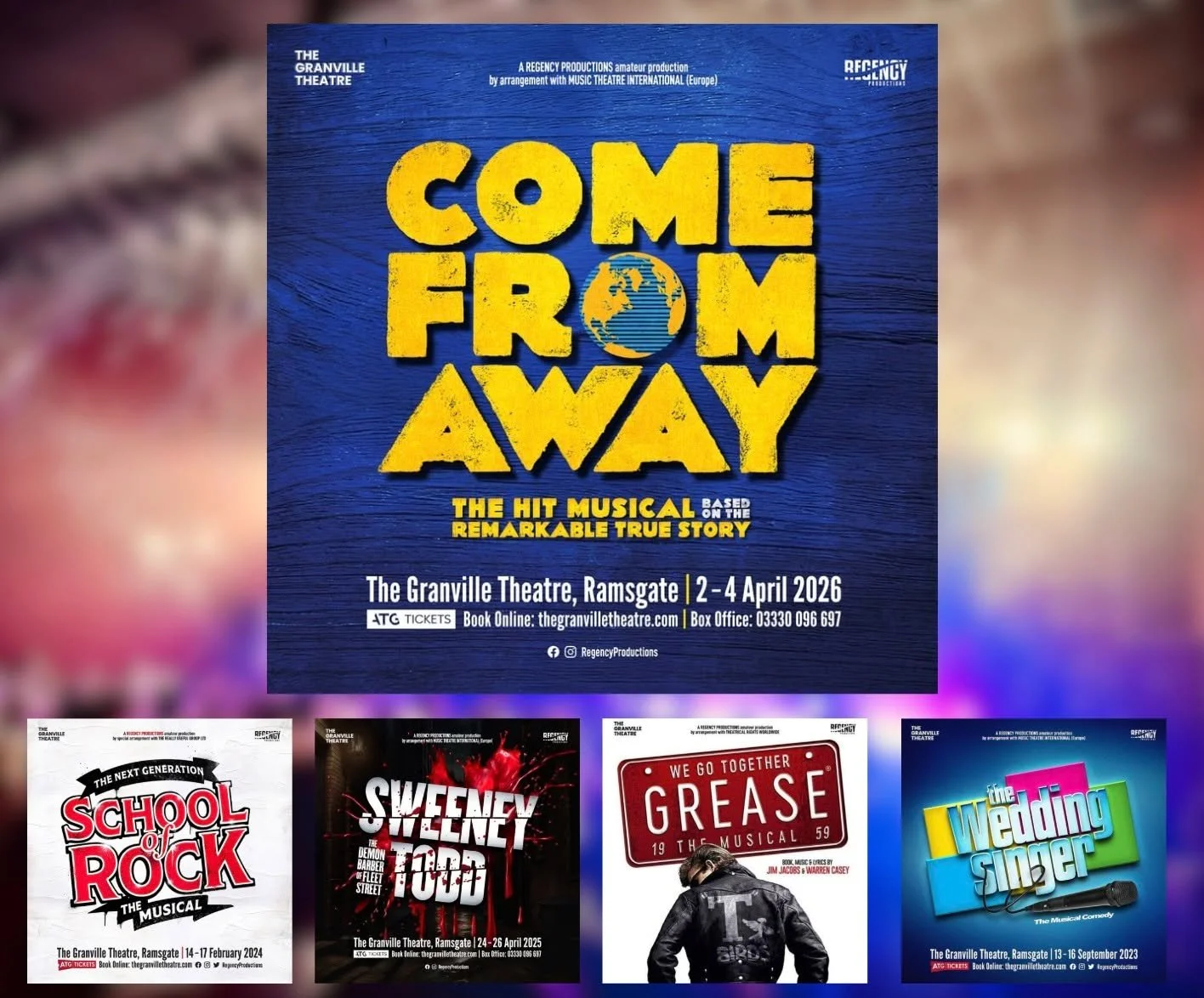 Did you see one of the incredible musicals below??

Well the team behind School of Rock, Sweeney Todd, Grease AND The Wedding Singer are BACK in April for the hit musical 'Come From Away'! 🌍

Regency Productions will be putting on 3 performances of 