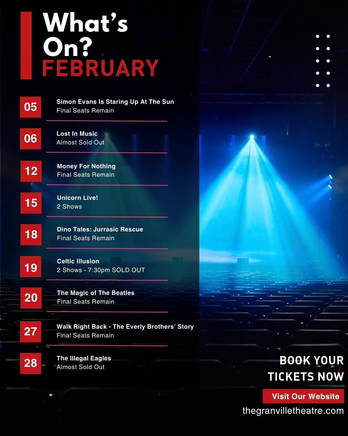 What's On? February Edition!

We have 9 incredible shows lined up for you in February, Ramsgate!

From family entertainment, live music and comedy - there's something for everyone to enjoy next month 🌟

Treat yourself this payday to a fantastic show