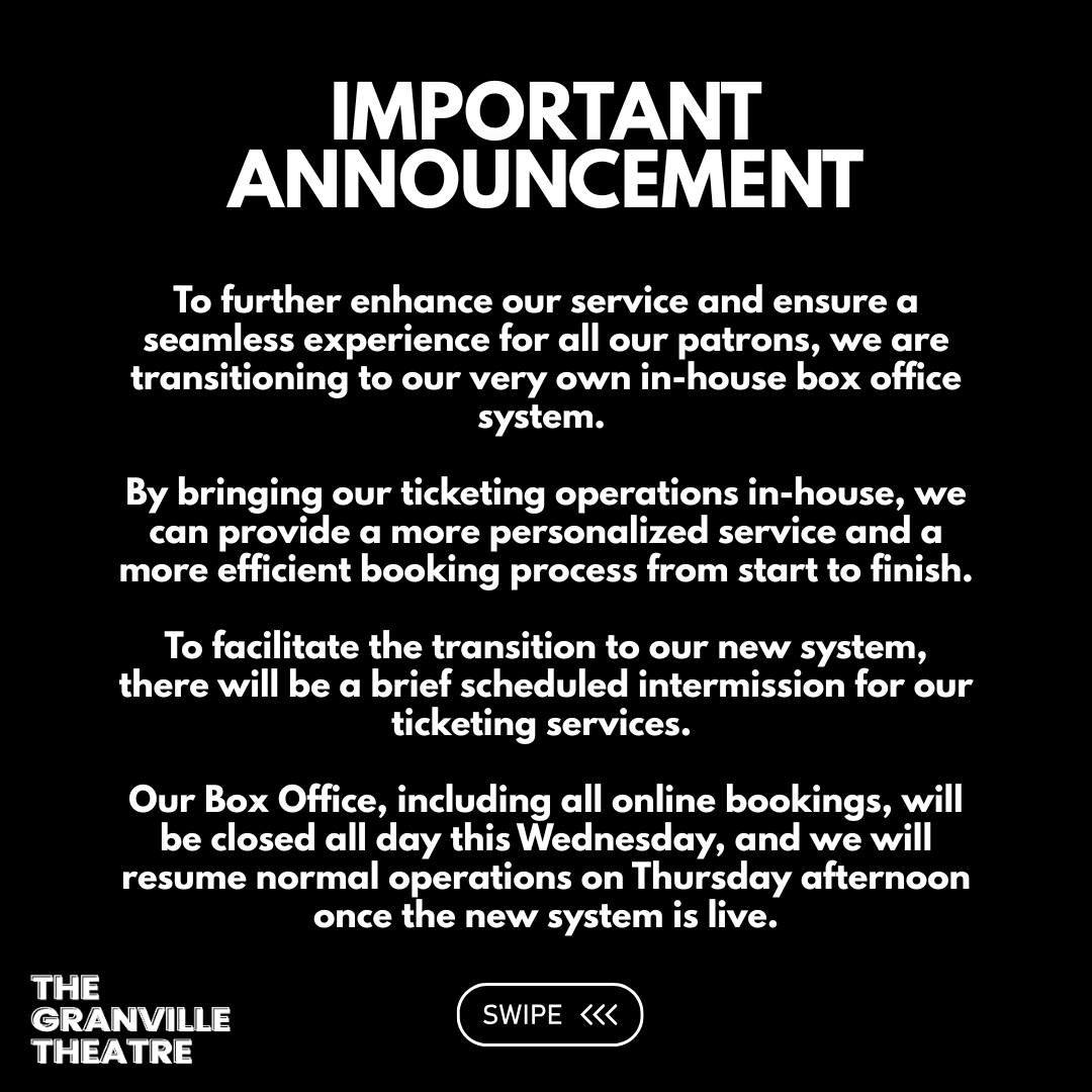 We are delighted to share a significant milestone in the continued growth of The Granville Theatre. 

As mentioned below, the Box Office and Website will be closed Wednesday 11th March and will reopen at 12pm on Thursday 12th March.