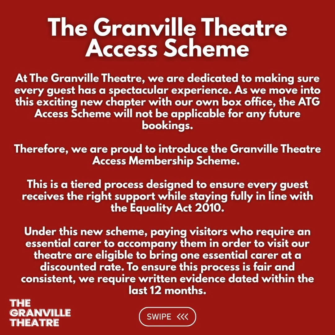 Introducing our brand new Access Membership Scheme!

For more information, or to make an application if you had an access account with our previous provider and wish to re-apply, please go to our website:

www.thegranvilletheatre.com/apply