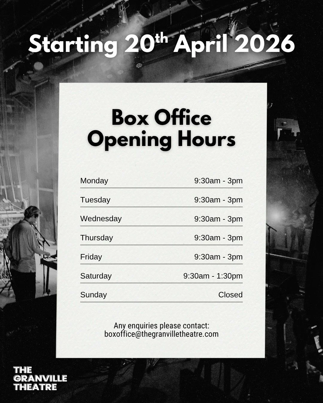 🎉 Introducing our new Box Office opening times! 🎉

Starting from Monday 20th April, we will now be open 6 days a week for all booking/ticketing enquiries!

As we are now running our in house booking system, this will allow customers to reach out to