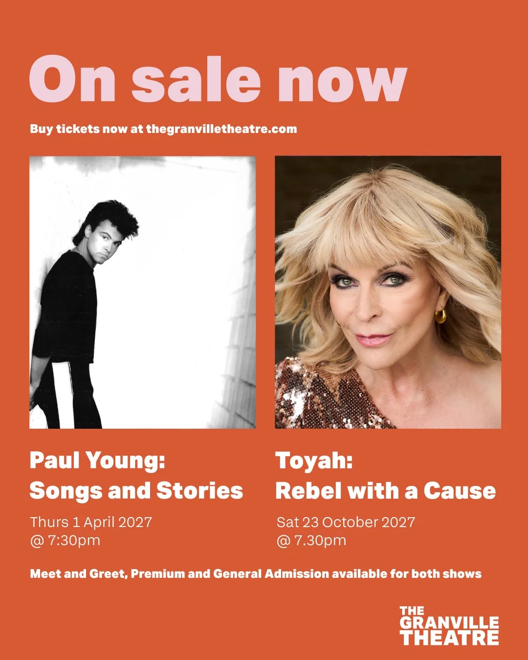 Paul Young and Toyah are both on sale now. Two Songs and Stories evenings at The Granville &ndash; acoustic hits, behind-the-scenes tales and meet and greet options for both.
ㅤ
Intimate nights like these don't hang around, get your tickets now!
ㅤ
🎤 