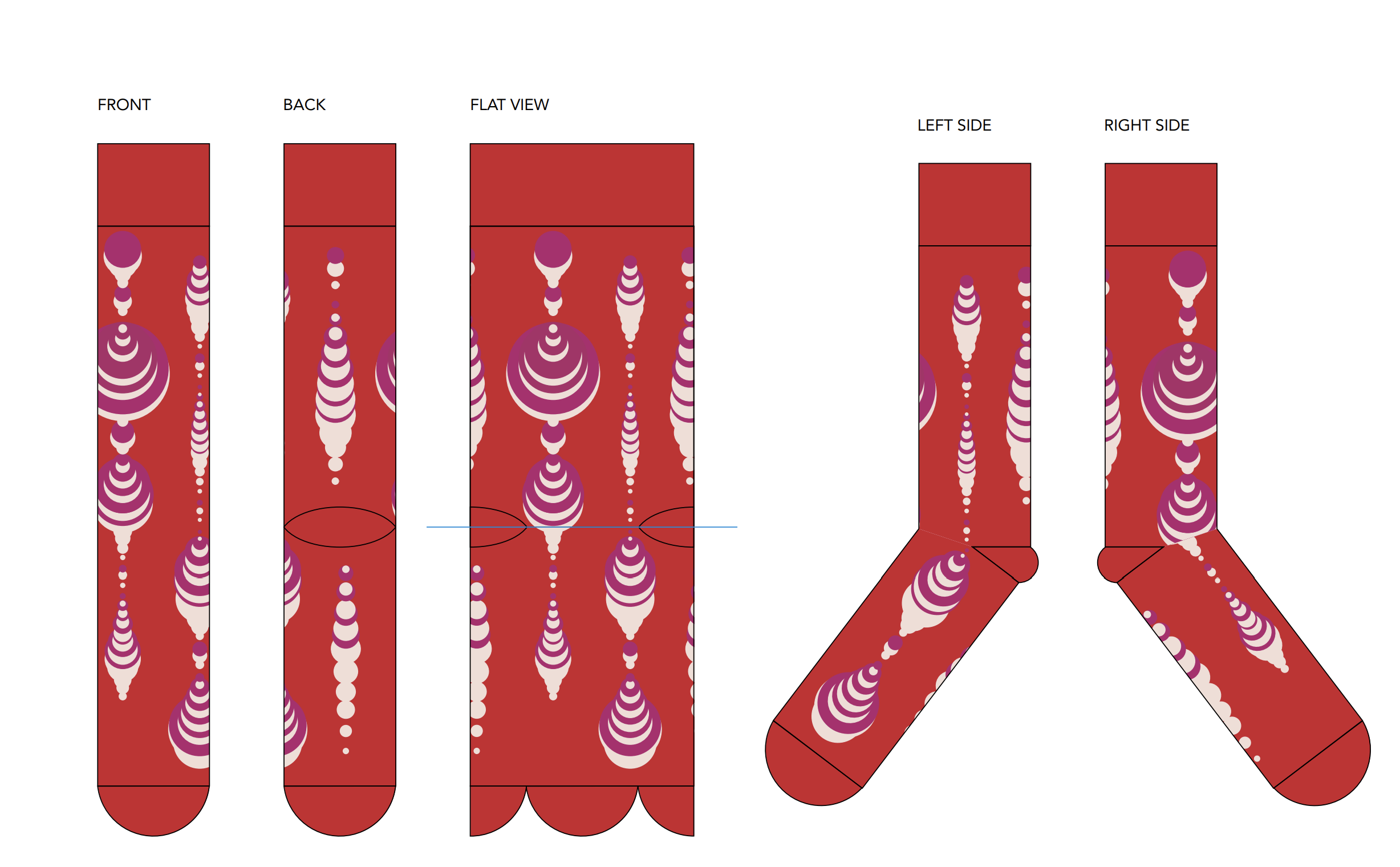 Echo Knits sock technical design spec, front, back, flat, and side views of red sock with concentric-circle knit pattern